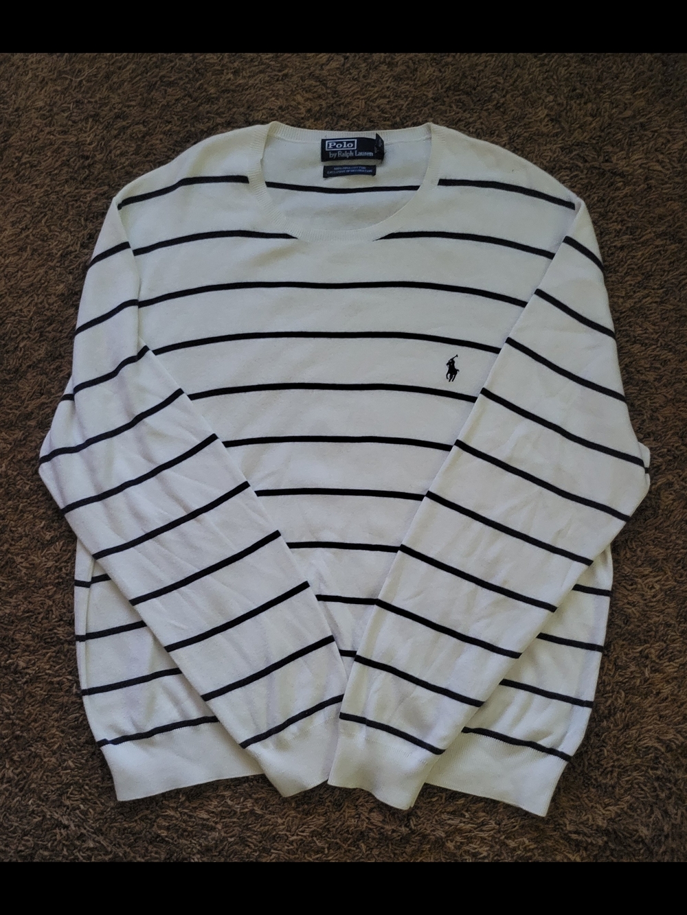 NEW Ralph Lauren Men’s White Crewneck Sweater with Navy Stripes